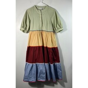 English Factory Colorblock Trim Detail Midi Dress S Lined Cotton